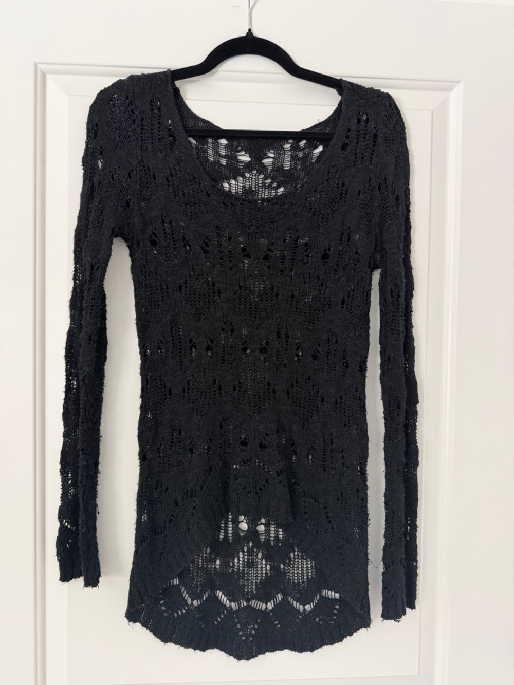 Black Open-Knit Long Sleeve Sweater Tunic